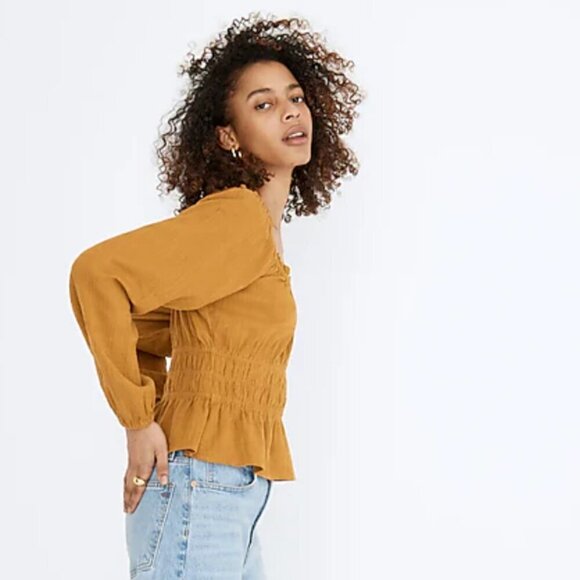 Madewell Sophia Top in Textured Plaid Antique Gold Size Small - Picture 2 of 5